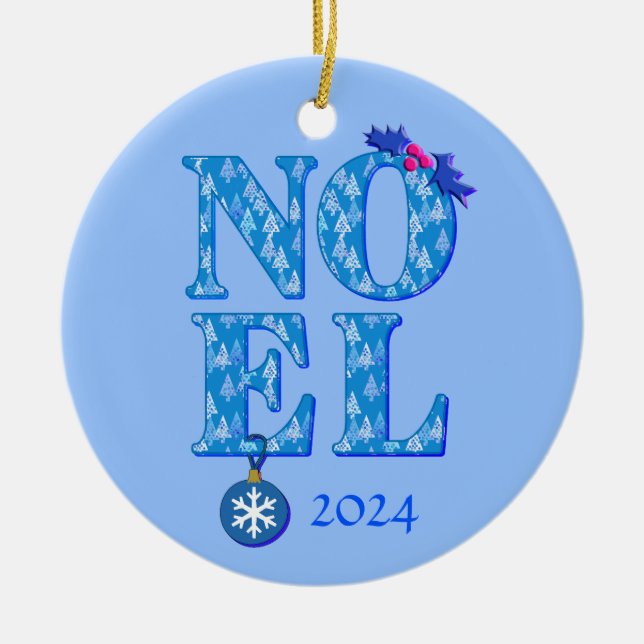 WEIHNACHTEN in einem Bluweihnachtsbaummuster Keramik Ornament (Vorne)