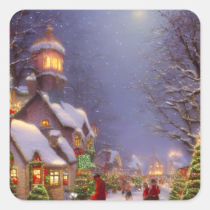 Weihnachten in einer schneebedeckten Nacht Quadratischer Aufkleber