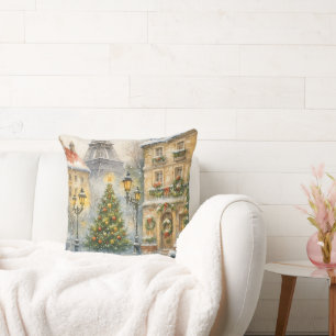 Weihnachten in Paris Aquarell Eiffelturm Szene Kissen