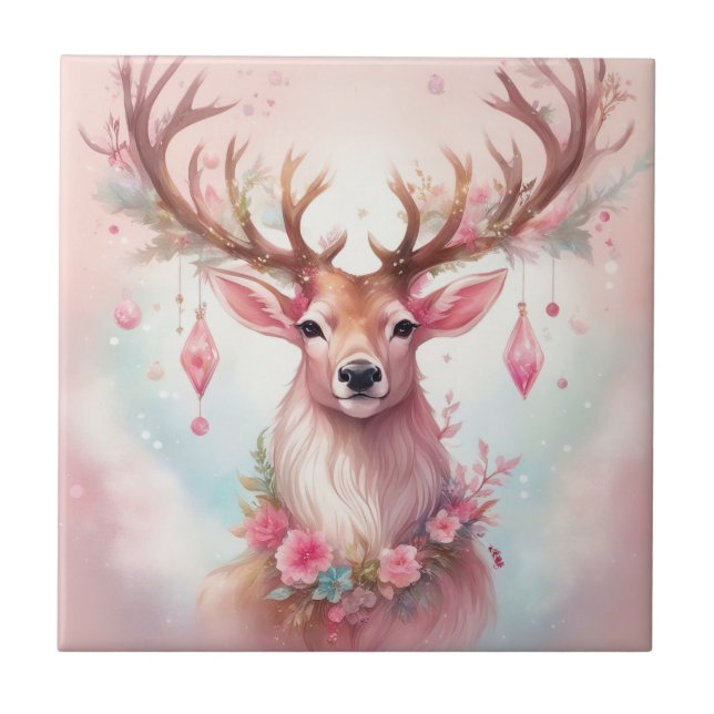 Weihnachten in pink: Rentier mit rosa Weihnachtssc Fliese (Vorderseite)
