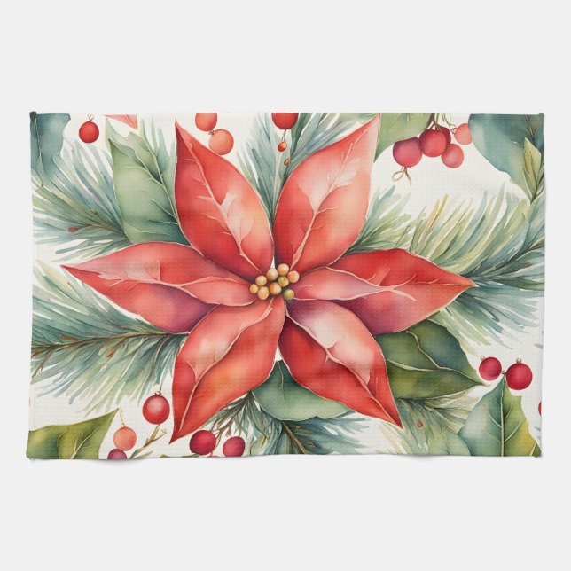 Weihnachten in Poinsettia und Holly Berries Geschirrtuch (Horizontal)