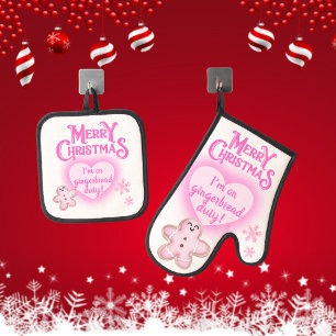 Weihnachten in Rosa Ich bin auf Gingerbread Duty W Ofenhandschuh & Topflappen-Set