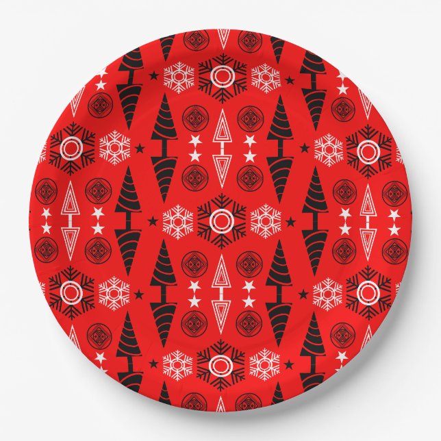 Weihnachten in Rot und Schwarz Pappteller (Vorderseite)