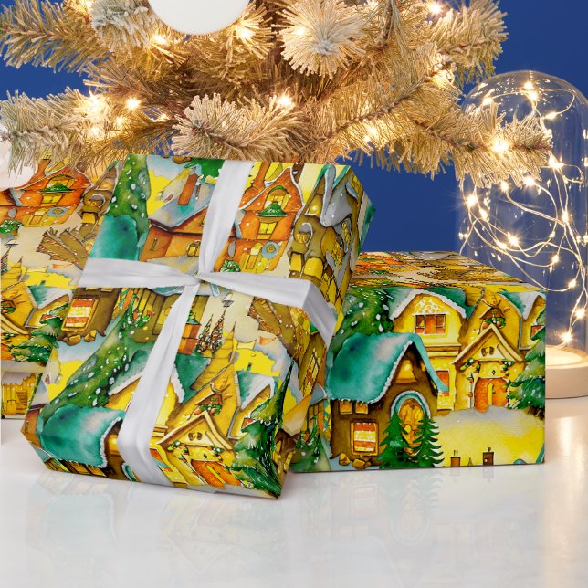 Weihnachten in Whimsical Village Wasserfarbmuster Geschenkpapier (Feiertage)