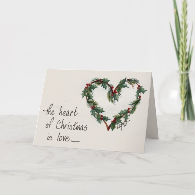 "Weihnachten ist Liebe" Grünes Herz Feiertagskarte (Vorderseite)