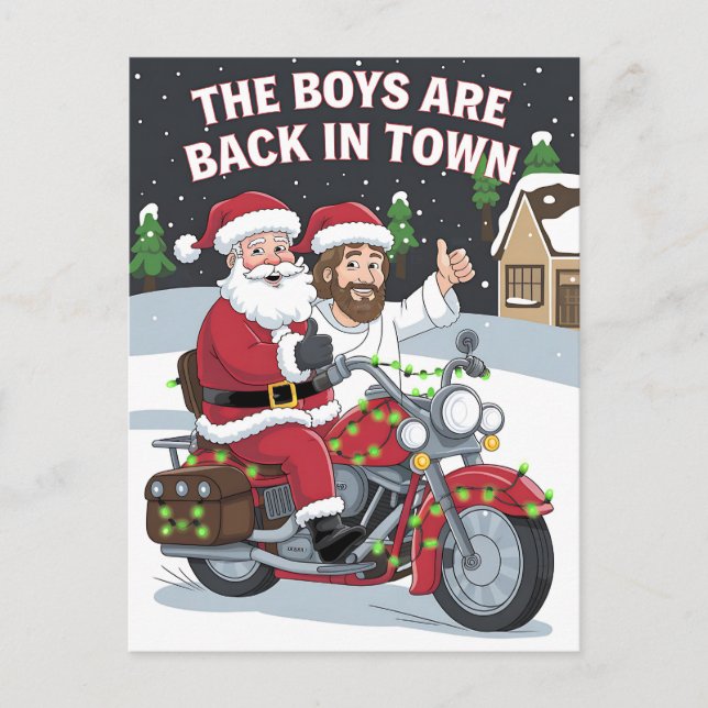 Weihnachten Jesus auf einem Motorrad Funny Xmas Postkarte (Vorderseite)