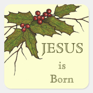 Weihnachten, Jesus, Holly, Originelle Kunst Quadratischer Aufkleber