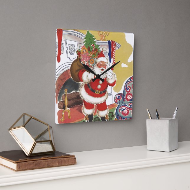 Weihnachten, Jolly Weihnachtsmann mit Geschenken Quadratische Wanduhr (Büro)