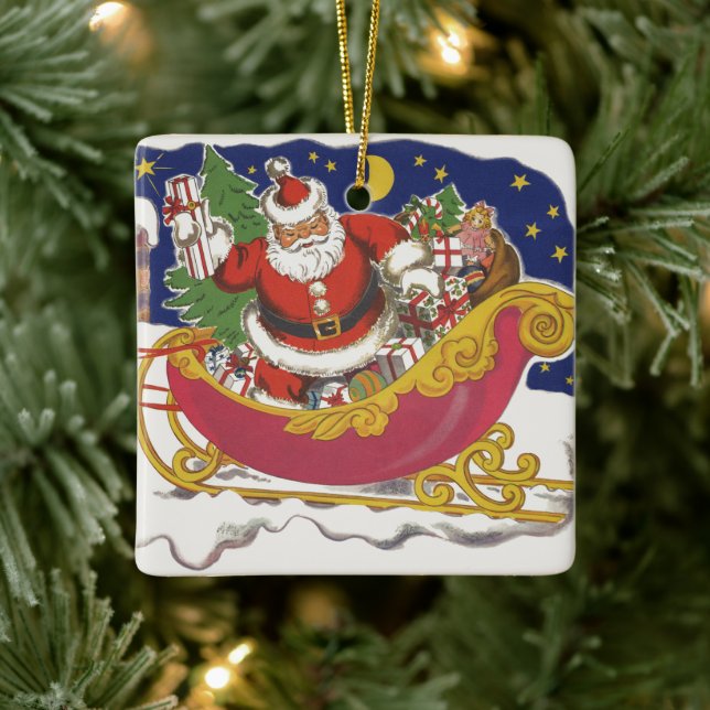 Weihnachten, Jolly Weihnachtsmann mit Schlitten Keramikornament (Baum)