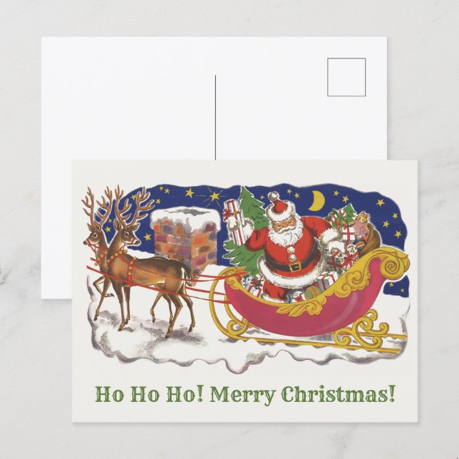 Weihnachten, Jolly Weihnachtsmann mit Schlitten Postkarte (Vorne/Hinten)