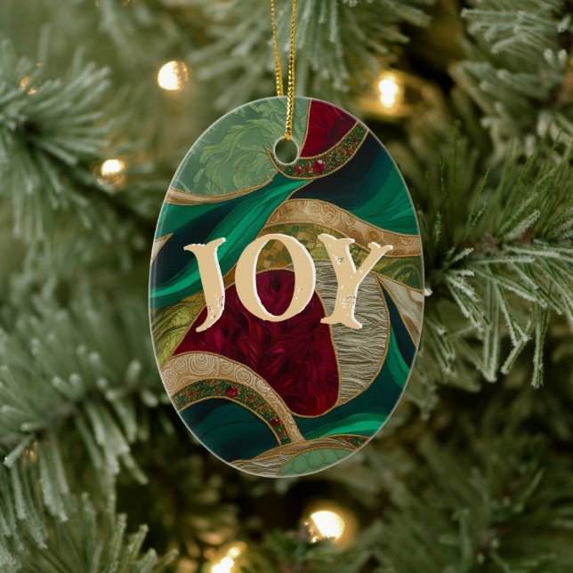 Weihnachten JOY Elegant Rot, Gold & Grün Keramik Ornament (Baum)