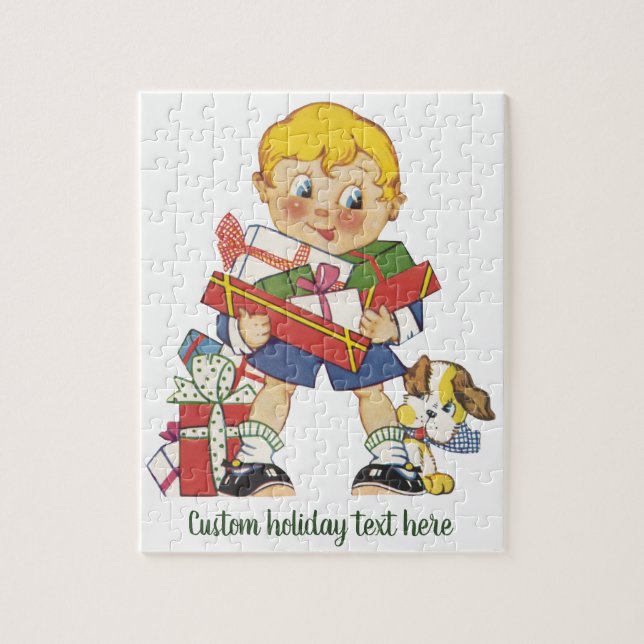 Weihnachten, Junge mit Geschenken und Welpenhund (Vertikal)