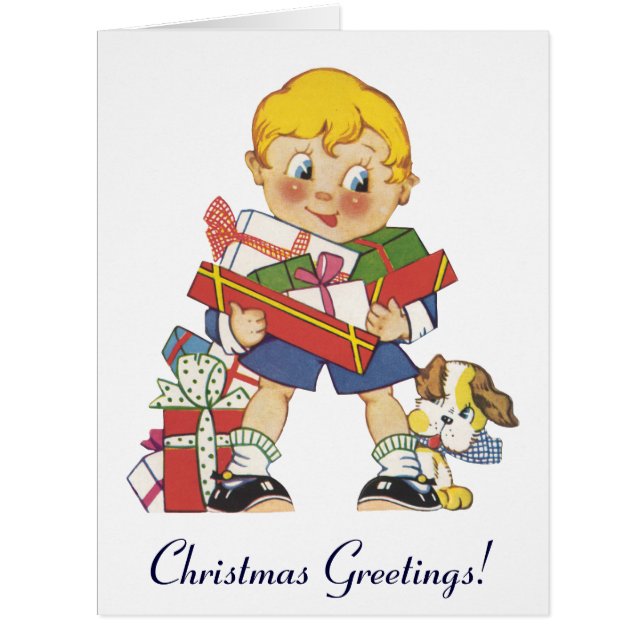 Weihnachten, Junge mit Geschenken und Welpenhund (Vorderseite)