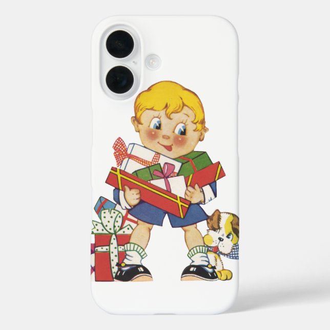 Weihnachten, Junge mit Geschenken und Welpenhund iPhone 16 Hülle (Rückseite)