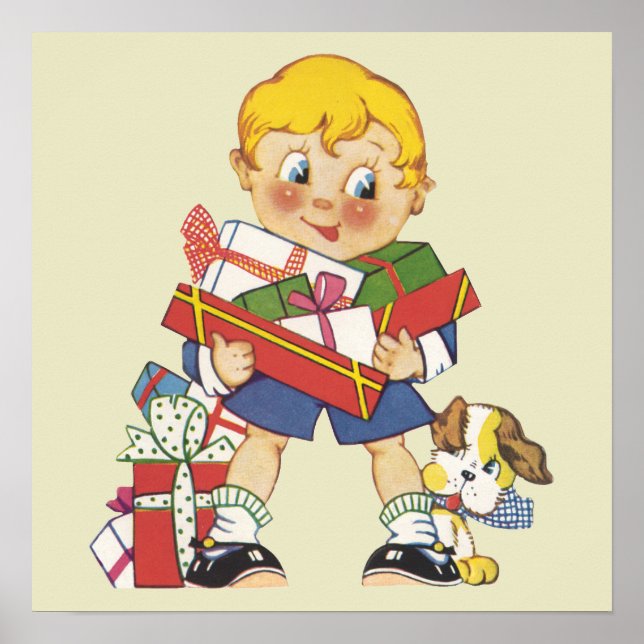 Weihnachten, Junge mit Geschenken und Welpenhund Poster (Vorne)