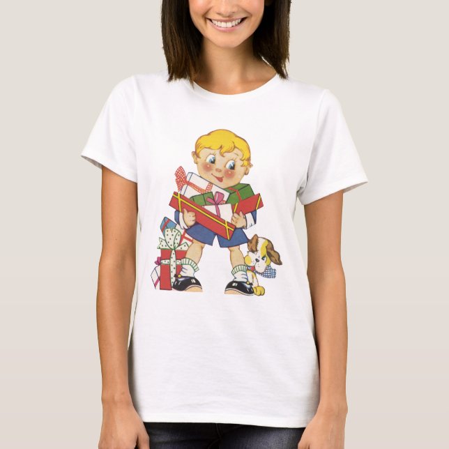 Weihnachten, Junge mit Geschenken und Welpenhund T-Shirt (Vorderseite)