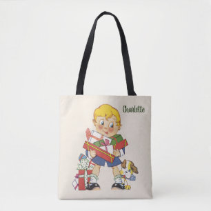 Weihnachten, Junge mit Geschenken und Welpenhund Tasche