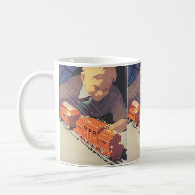Weihnachten, Junge spielen mit Spielzeugbahnen Kaffeetasse (Links)