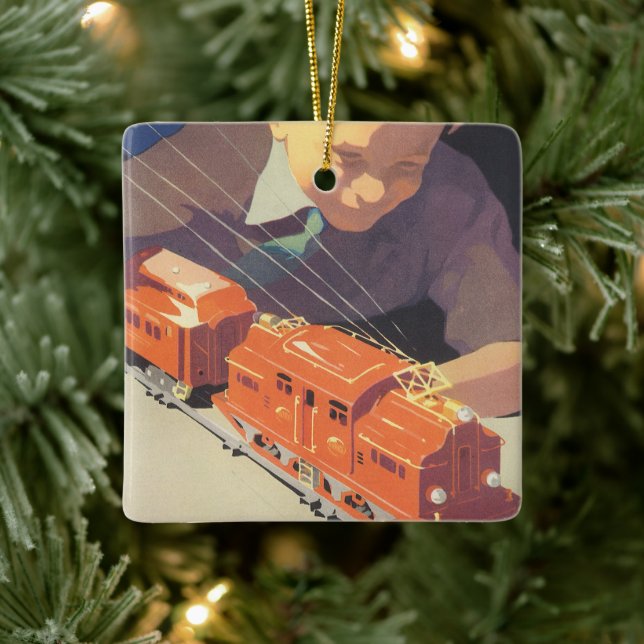 Weihnachten, Junge spielen mit Spielzeugbahnen Keramikornament (Baum)