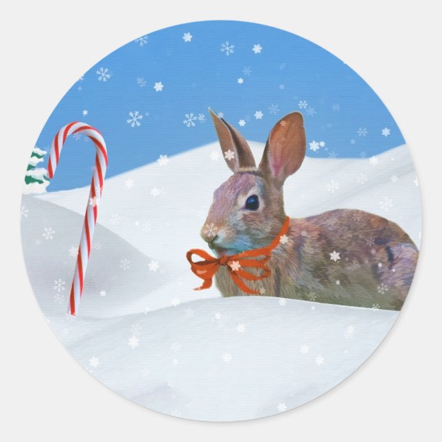 Weihnachten, Kaninchen, Schnee, Kaninchen Runder Aufkleber (Vorderseite)