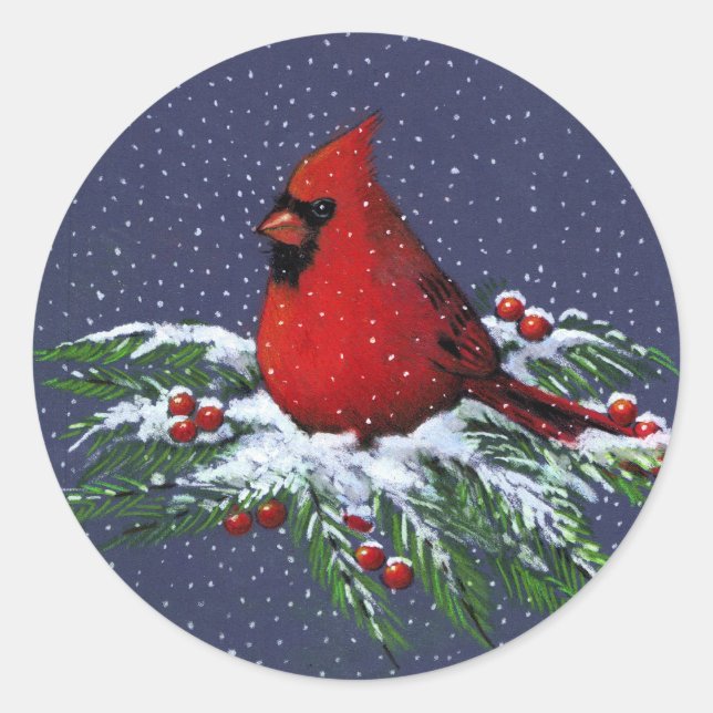 WEIHNACHTEN: KARDINAL: VOGEL: KUNST RUNDER AUFKLEBER (Vorderseite)