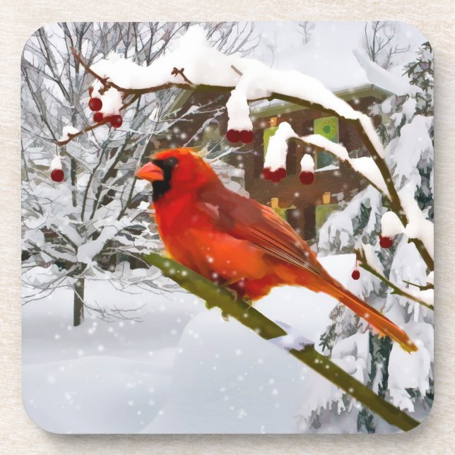 Weihnachten, Kardinals-Vogel, Schnee, Getränkeuntersetzer (Vorderseite)