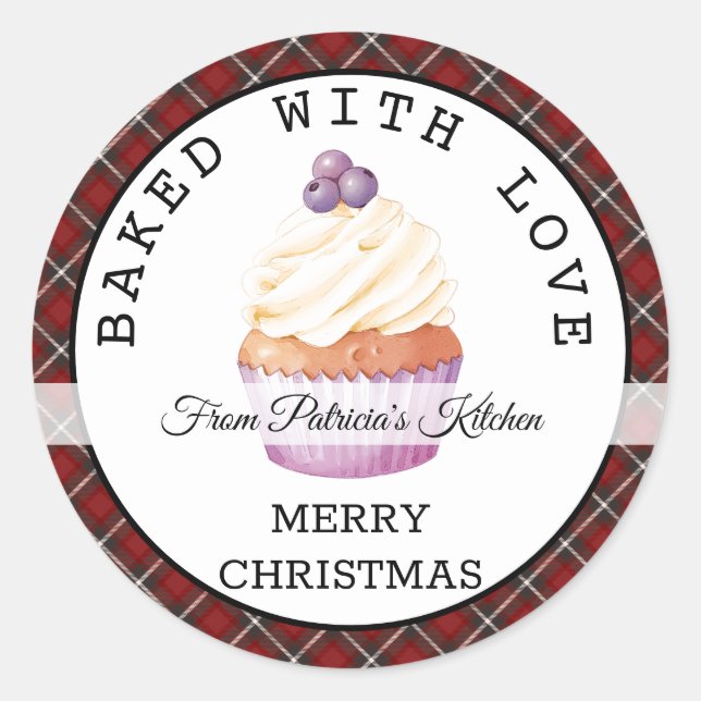 Weihnachten Kariert gebacken mit Liebe Cupcakes Runder Aufkleber (Vorderseite)
