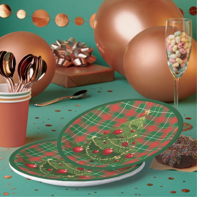 Weihnachten Kariert grün, rot, goldfarben, weiß Pappteller (Multi)