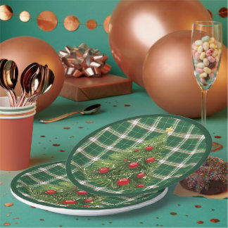 Weihnachten Kariert grün, weiß, mit Rot, Gold Pappteller