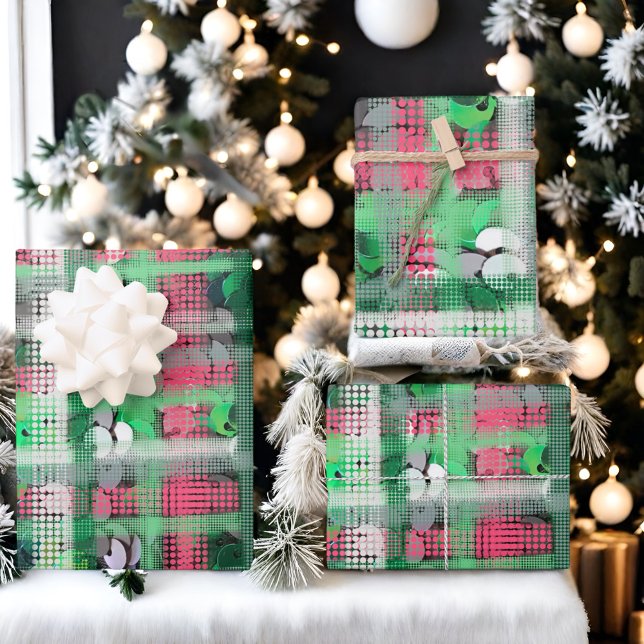 Weihnachten kariert-grüne graue Glitzer-Sequenzen Geschenkpapier Set (Von Creator hochgeladen)