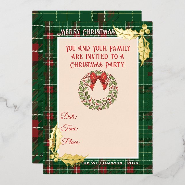 Weihnachten Kariert in Grün mit Rot Folieneinladung (Vorderseite/Rückseite)