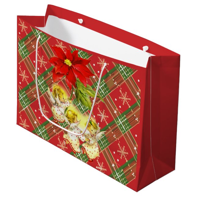 Weihnachten Kariert mit Engeln Große Geschenktüte (Vorderseite Schrägansicht)