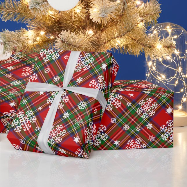 Weihnachten Kariert mit Schneeflocken und Sternen Geschenkpapier (Feiertage)