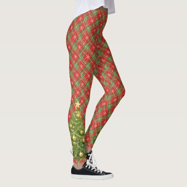 Weihnachten Kariert Rot, Grün, Gold mit Baum Leggings (Rechts)