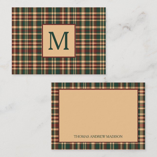 Weihnachten Kariert Rot und Grün Monogramm Mitteilungskarte (Vorne/Hinten)