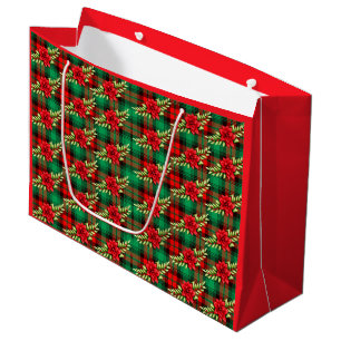Weihnachten Karierte Poinsettias und Blätter große Geschenktüte