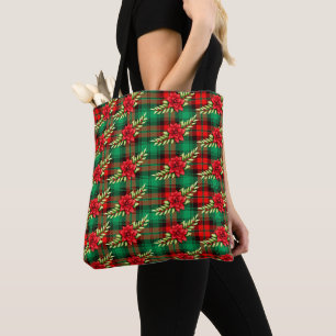 Weihnachten Karierte Poinsettias und Blätter Tote Tasche