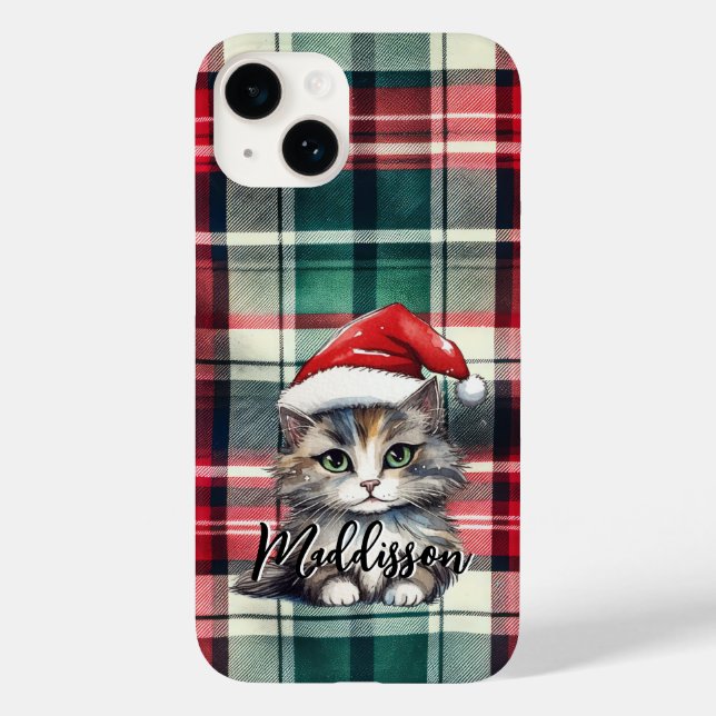 Weihnachten Karierte Weihnachtskatze mit Namen Case-Mate iPhone 14 Hülle (Rückseite)