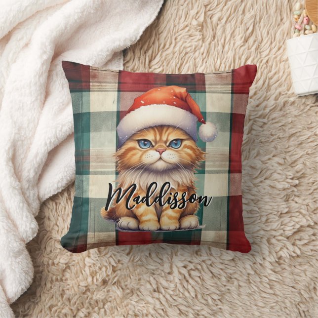 Weihnachten Karierte Weihnachtskatze mit Namen Kissen (Decke)