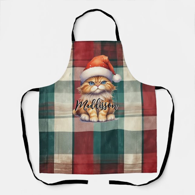 Weihnachten Karierte Weihnachtskatze mit Namen Schürze (Vorderseite)