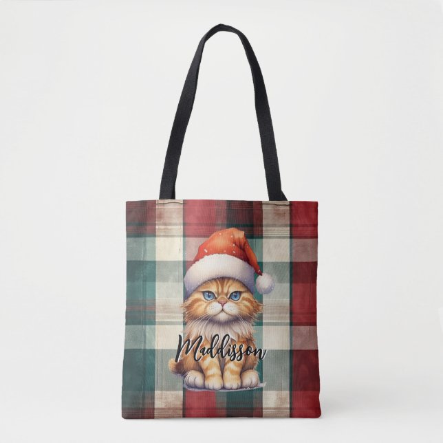 Weihnachten Karierte Weihnachtskatze mit Namen Tasche (Vorderseite)