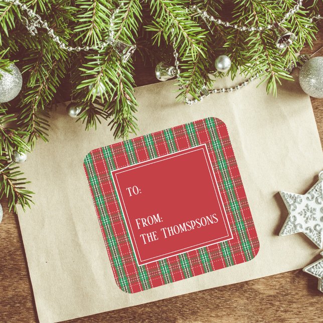 Weihnachten Karierter Urlaub rot und grün bis von Quadratischer Aufkleber (Christmas holiday square sticker with red and green plaid pattern. )