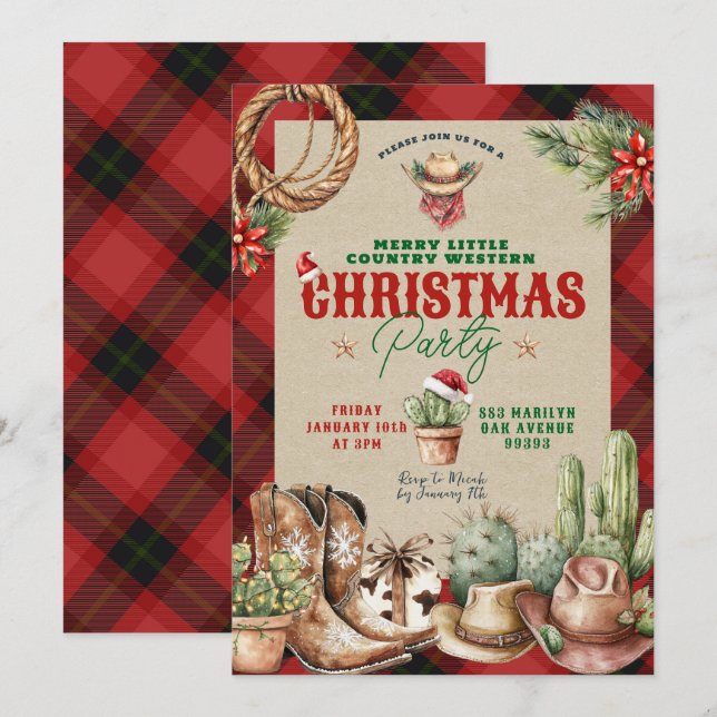 Weihnachten Karierter Western Weihnachts-Party Einladung (Vorne/Hinten)