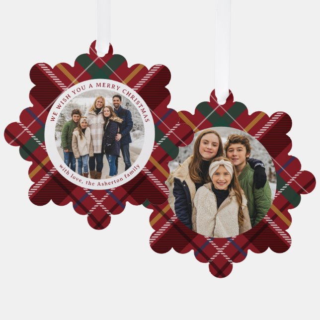 Weihnachten karierter, zwei Foto Roter Urlaub Ornament Karte (Vorderseite/Rückseite)