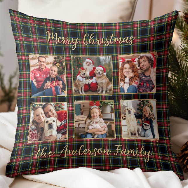 Weihnachten Kariertes Gold 6 FotoCollage Family Kissen (Von Creator hochgeladen)