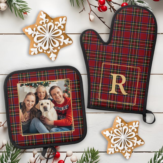 Weihnachten Kariertes Gold Personalisiertes Foto Ofenhandschuh & Topflappen-Set (Von Creator hochgeladen)