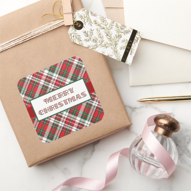 Weihnachten Kariertes Licht mit frohen Weihnachten Quadratischer Aufkleber (Schenken)