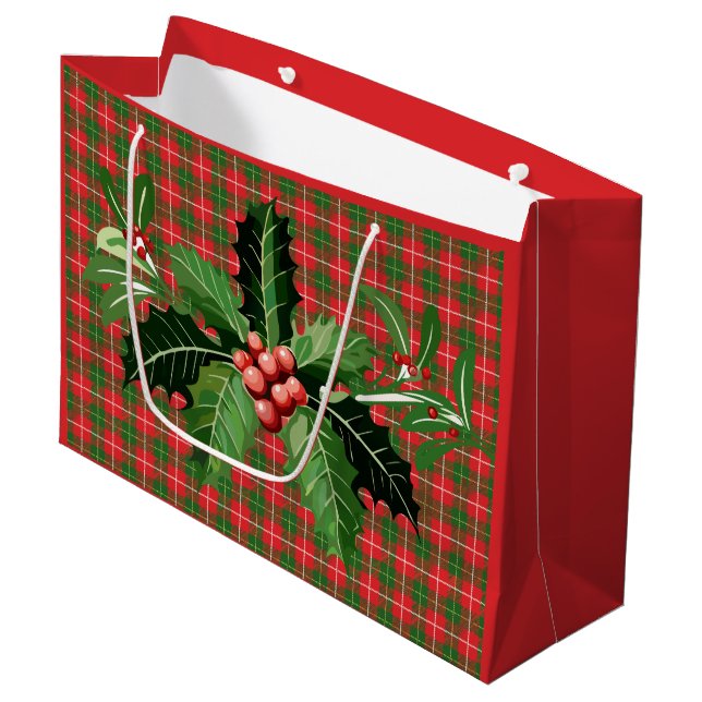Weihnachten Kariertes Rotes Grün mit Kraut Große Geschenktüte (Vorderseite Schrägansicht)