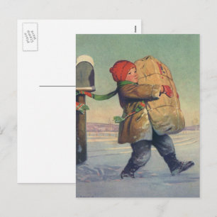 Weihnachten, Kind mit großem Paket Feiertagspostkarte