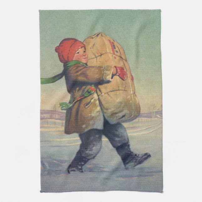 Weihnachten, Kind mit großem Paket Geschirrtuch (Vertikal)